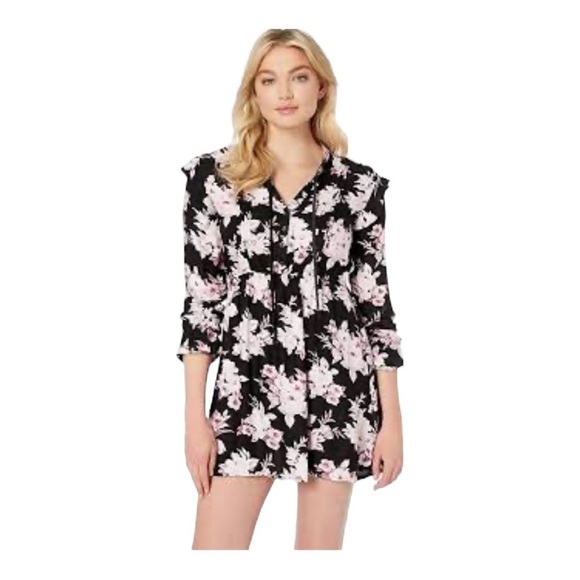 Volcom Pink Black Floral Dress Long Sleeve Ruffle Lightweight Tunic Top Large - Picture 1 of 11